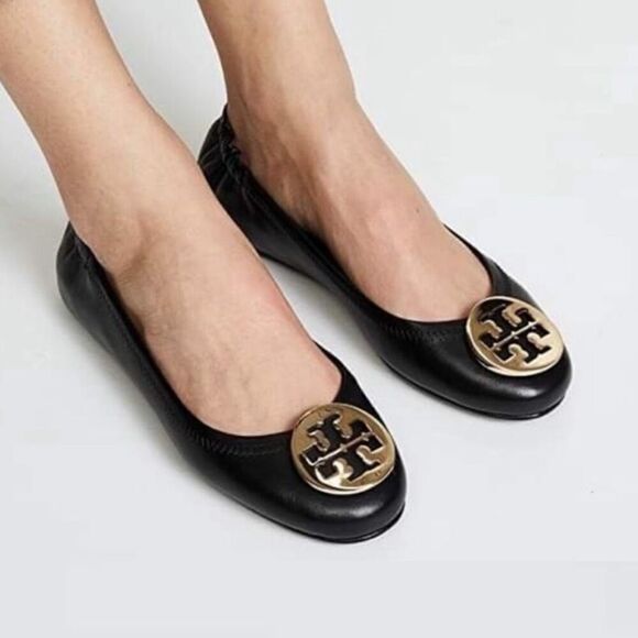 Tory Burch Classic Reva Ballet Flat Black Gold - Picture 1 of 15